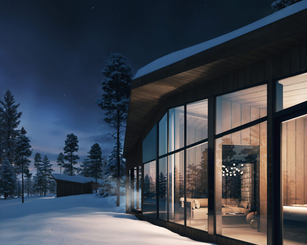 Deluxe Villa Jouni exterior in a snowy winter landscape at Arcora