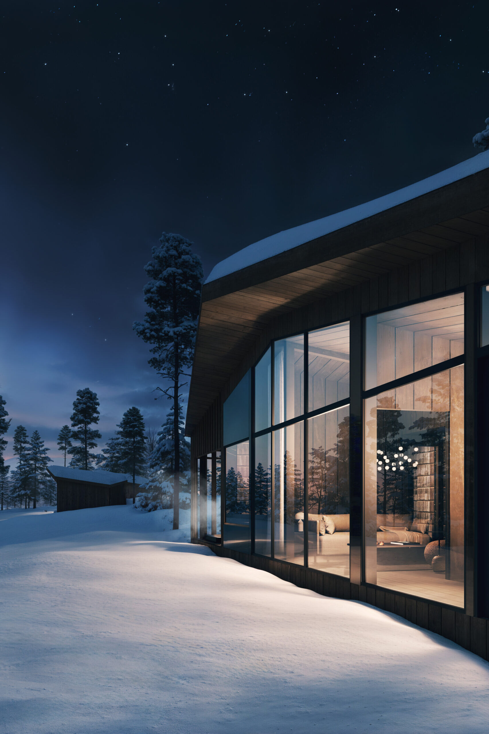 Deluxe Villa Jouni exterior in a snowy winter landscape at Arcora