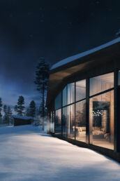 Deluxe Villa Jouni exterior in a snowy winter landscape at Arcora
