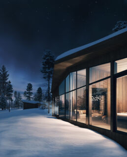 Deluxe Villa Jouni exterior in a snowy winter landscape at Arcora