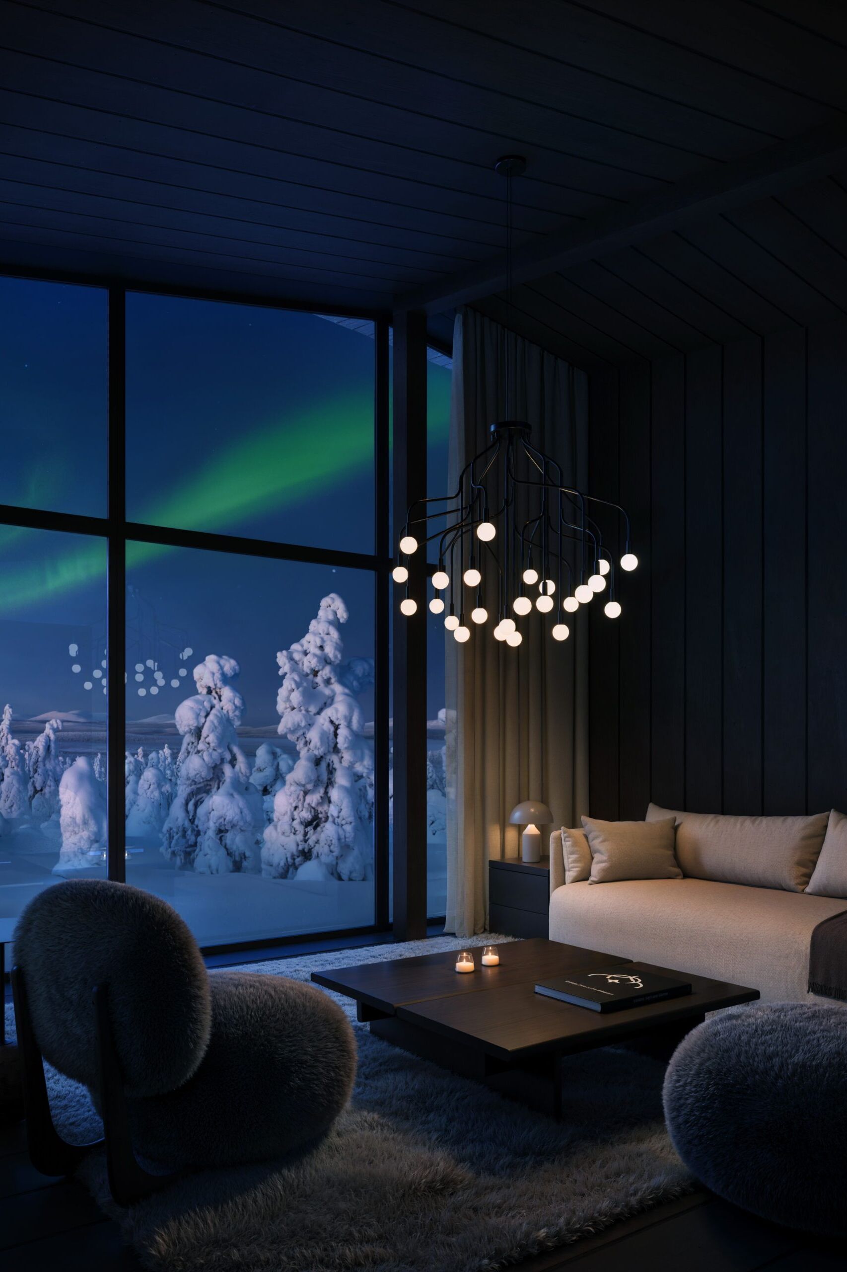 Deluxe Villa Jouni interior with fireplace and Arctic views at Arcora Boutique Hotel & Villas