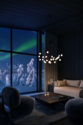 Deluxe Villa Jouni interior with fireplace and Arctic views at Arcora Boutique Hotel & Villas