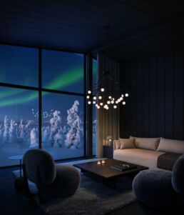 Deluxe Villa Jouni interior with fireplace and Arctic views at Arcora Boutique Hotel & Villas