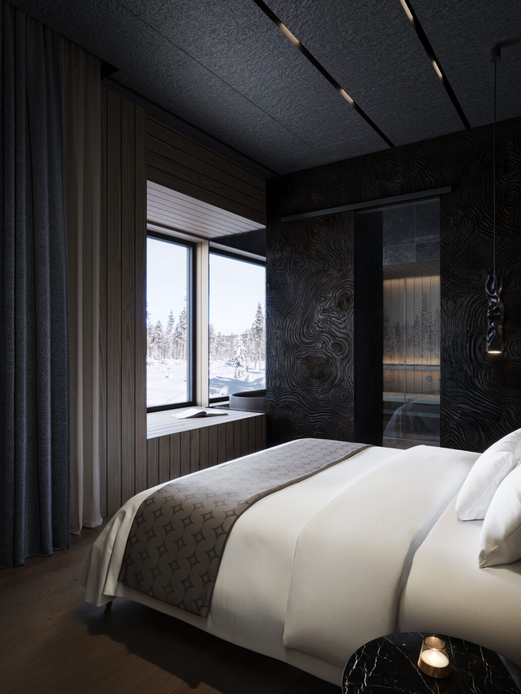 Executive Suite Jussi bedroom with Arctic views at Arcora Boutique Hotel & Villas