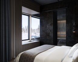 Executive Suite Jussi bedroom with Arctic views at Arcora Boutique Hotel & Villas