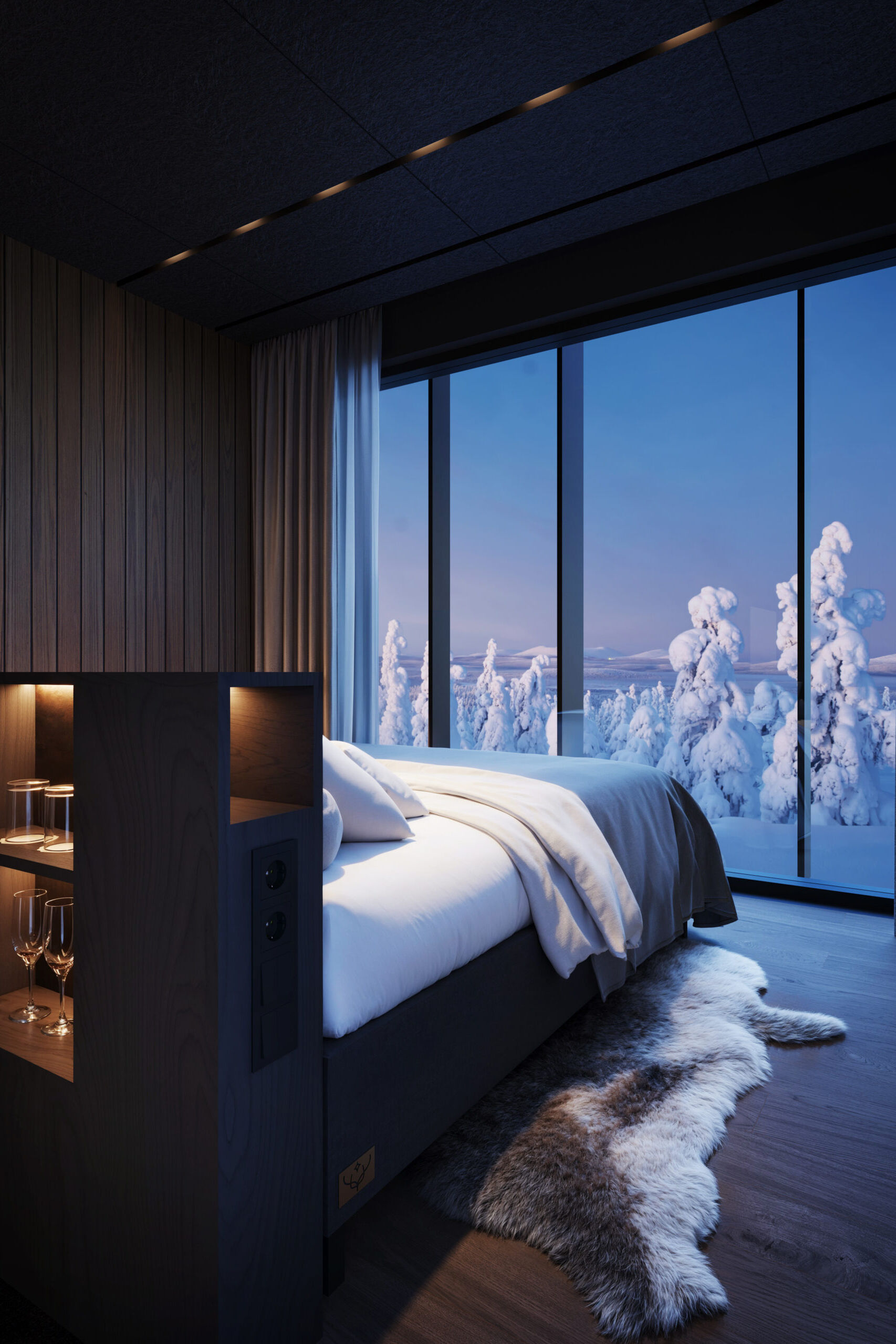 JR Suite Kalle bedroom with Arctic views at Arcora Boutique Hotel & Villas