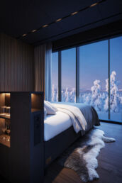 JR Suite Kalle bedroom with Arctic views at Arcora Boutique Hotel & Villas