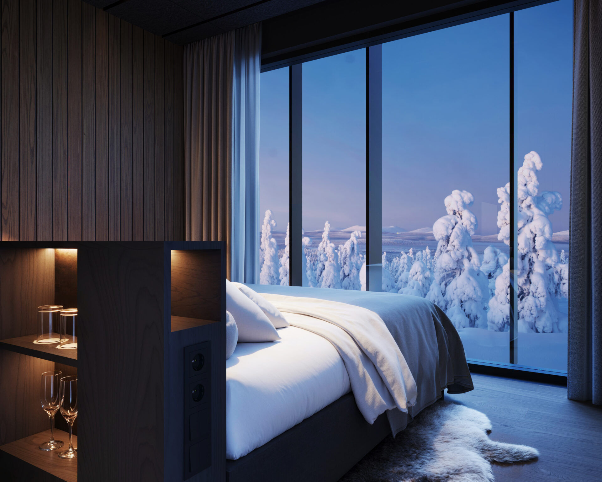 JR Suite Kalle bedroom with Arctic views at Arcora Boutique Hotel & Villas