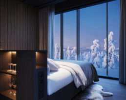 JR Suite Kalle bedroom with Arctic views at Arcora Boutique Hotel & Villas