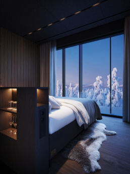 JR Suite Kalle bedroom with Arctic views at Arcora Boutique Hotel & Villas