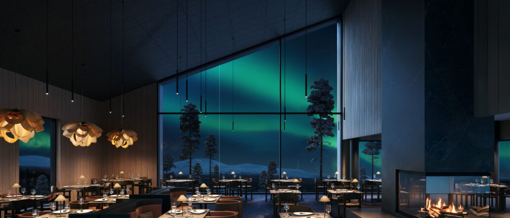 Restaurant 8 interior with Northern Lights views at Arcora Boutique Hotel & Villas