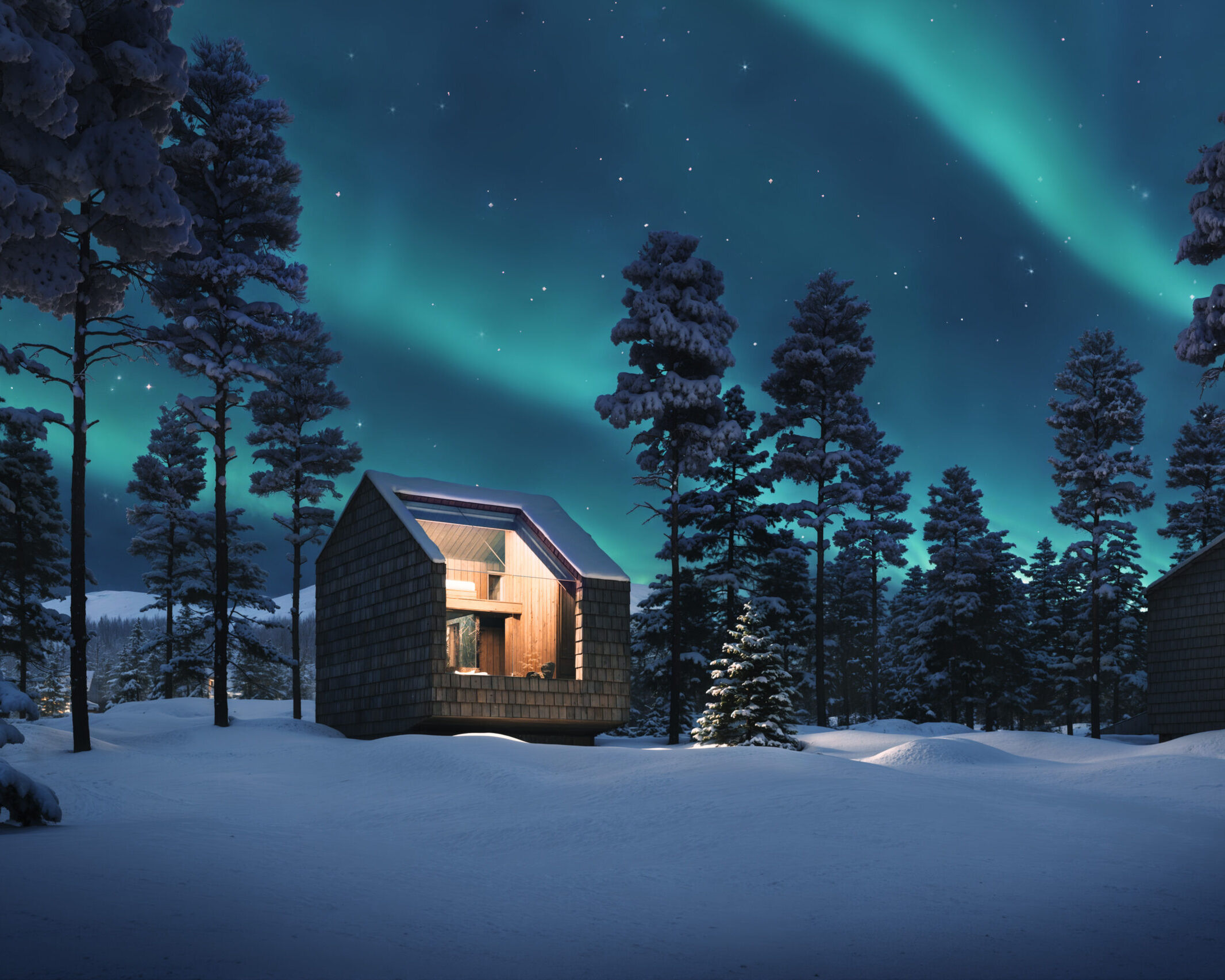 Sky Villa Antti exterior in a snowy winter night landscape at Arcora