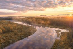 Autumn landscape along the river in Muonio, Finnish Lapland