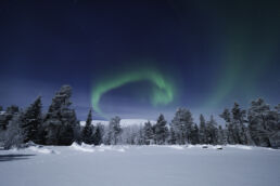 Green northern lights over a frozen lake and snowy pines near Arcora Boutique Hotel & Villas in Muonio, Finnish Lapland.